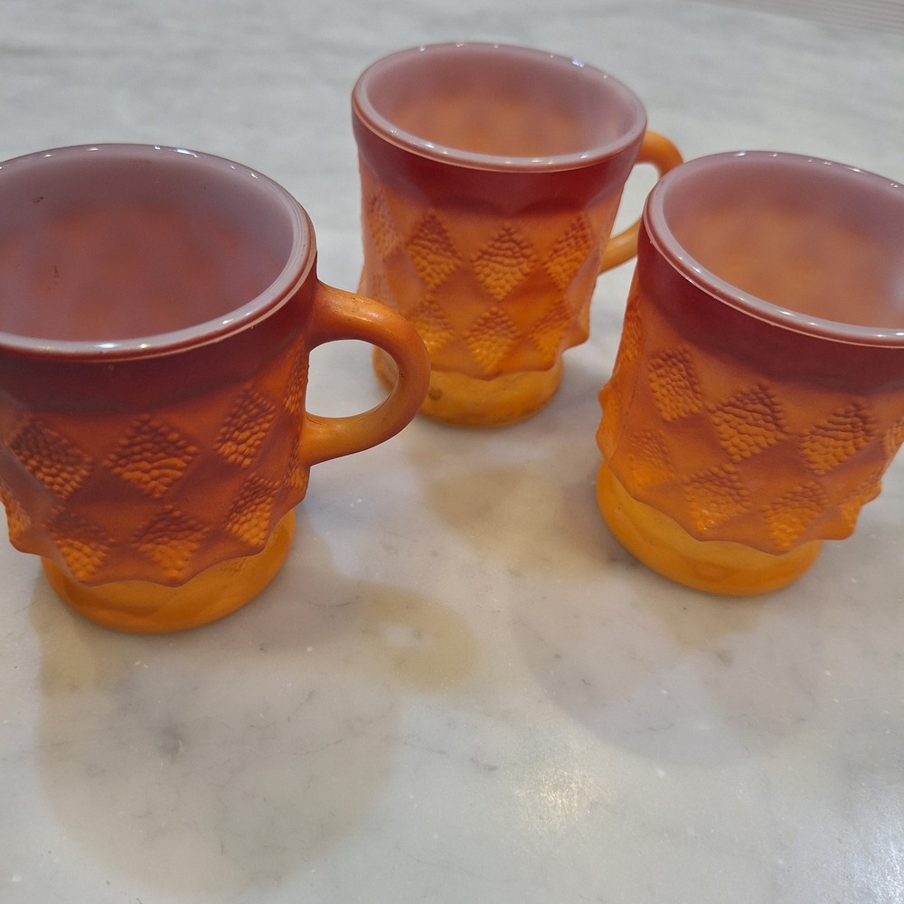 Vintage Fire-King Midcentury Mugs Orange Red Kimberly Diamond Milk Glass 3 QTY